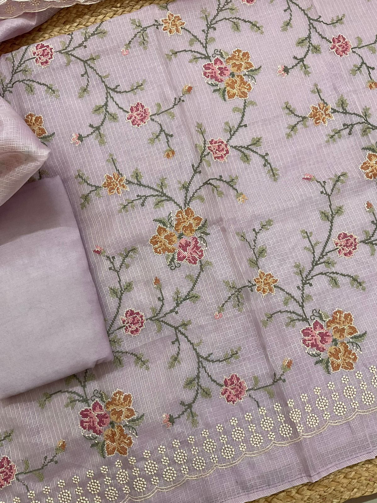 Pure Kota Silk Embroidered Suit - Lavender