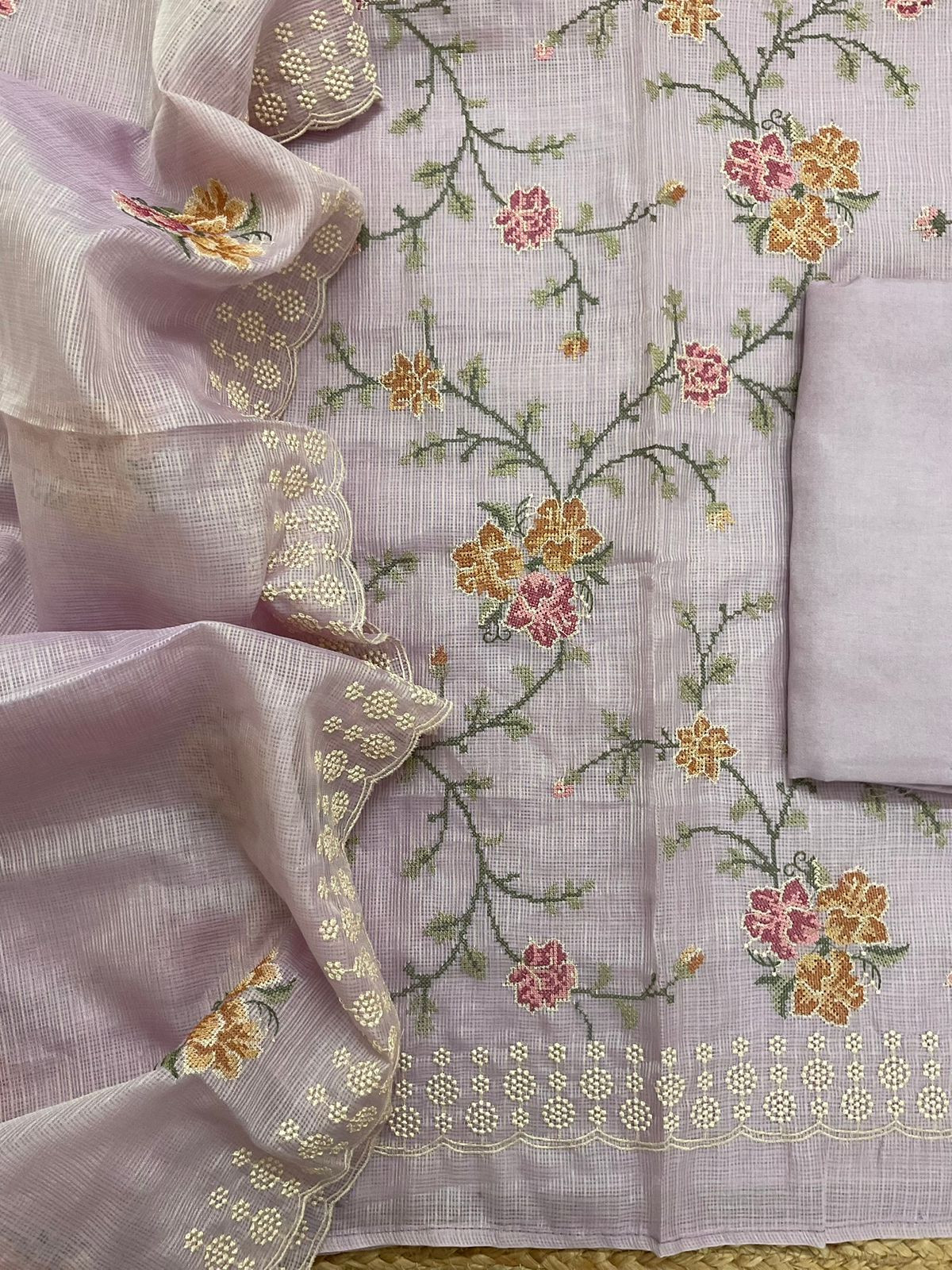 Pure Kota Silk Embroidered Suit - Lavender