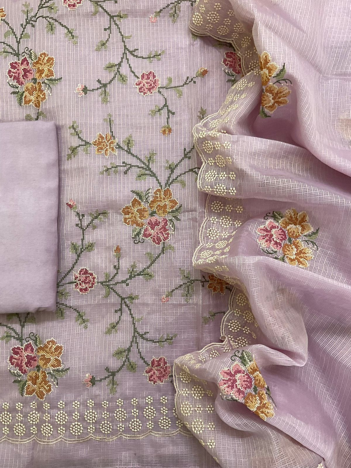 Pure Kota Silk Embroidered Suit - Lavender