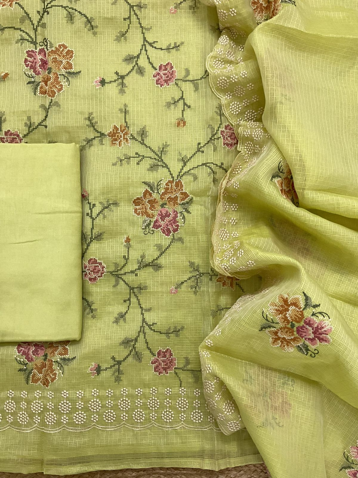 Pure Kota Silk Embroidered Suit - Green