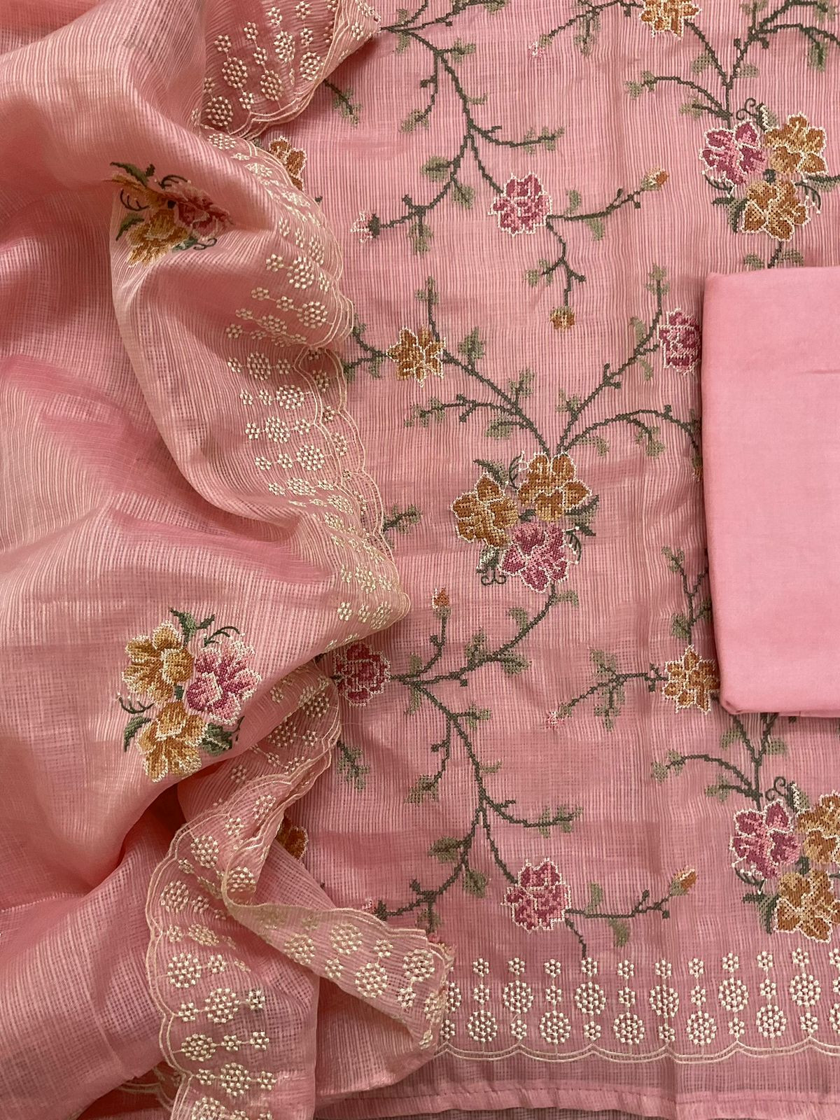 Pure Kota Silk Embroidered Suit - Pink