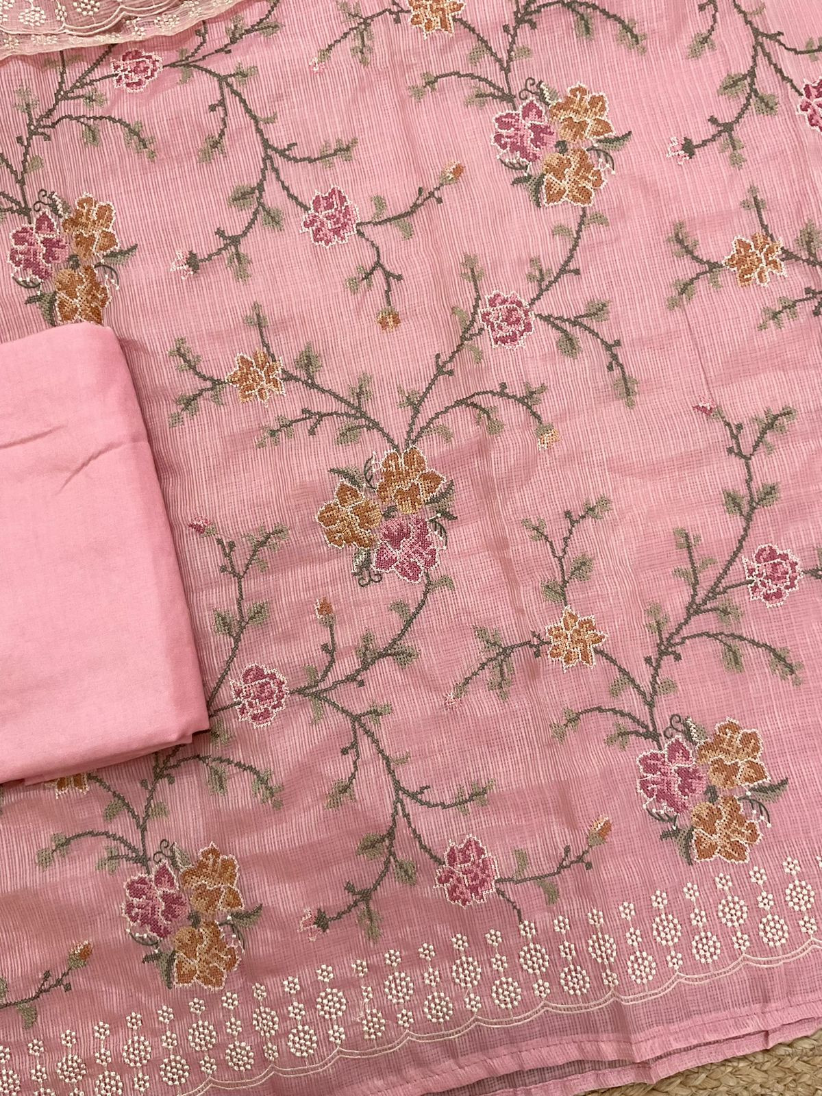 Pure Kota Silk Embroidered Suit - Pink