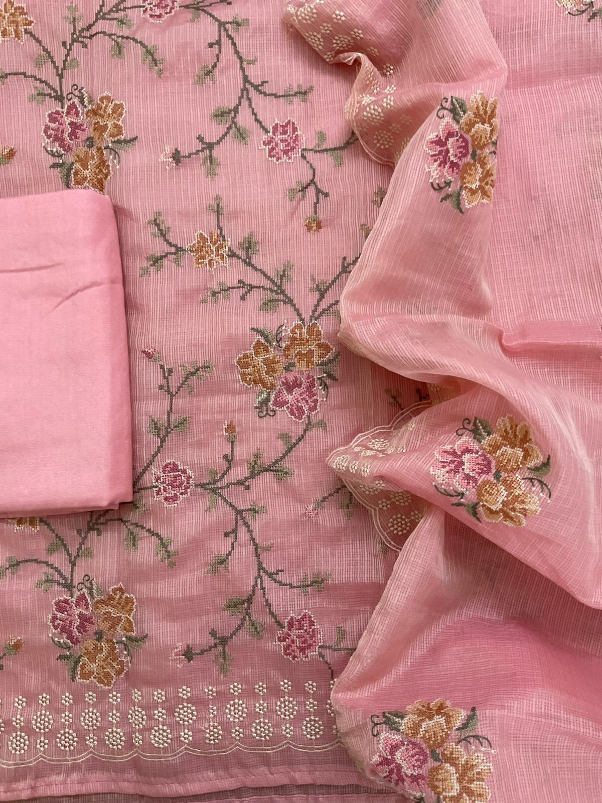 Pure Kota Silk Embroidered Suit - Pink