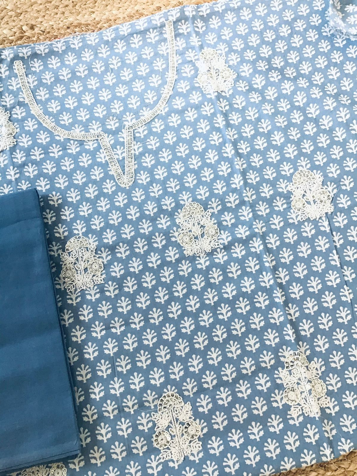 Pure Cotton Printed Embroidered Suit - Greyish Blue