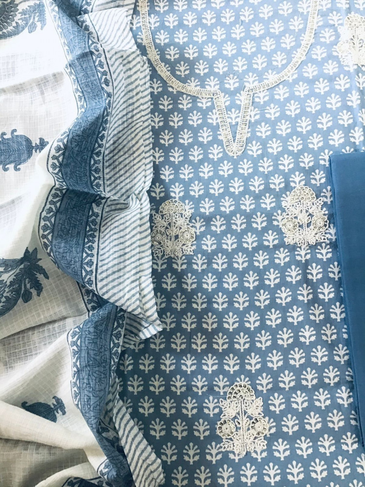 Image of Pure Cotton Printed Embroidered Suit - Greyish Blue
