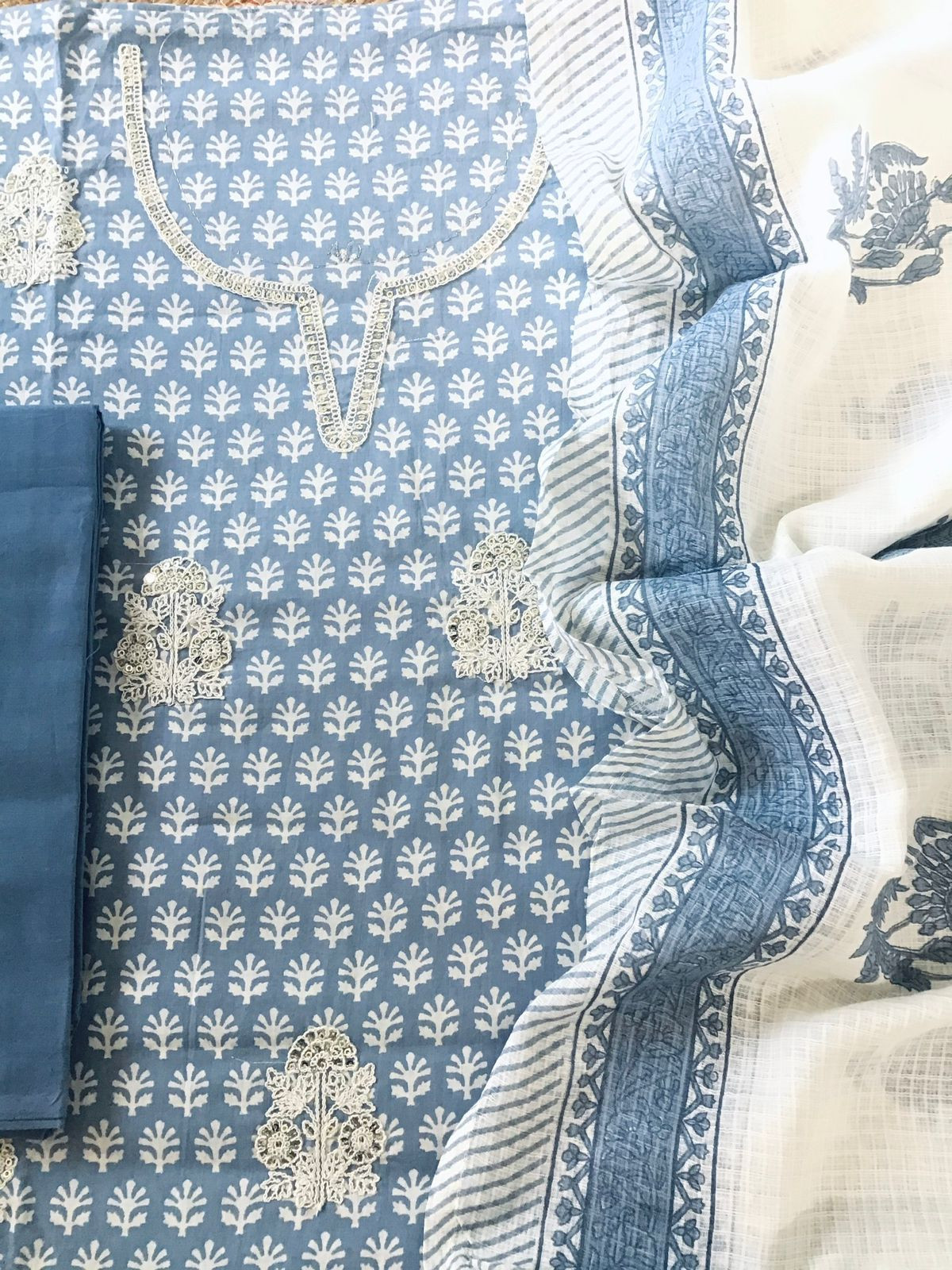 Pure Cotton Printed Embroidered Suit - Greyish Blue