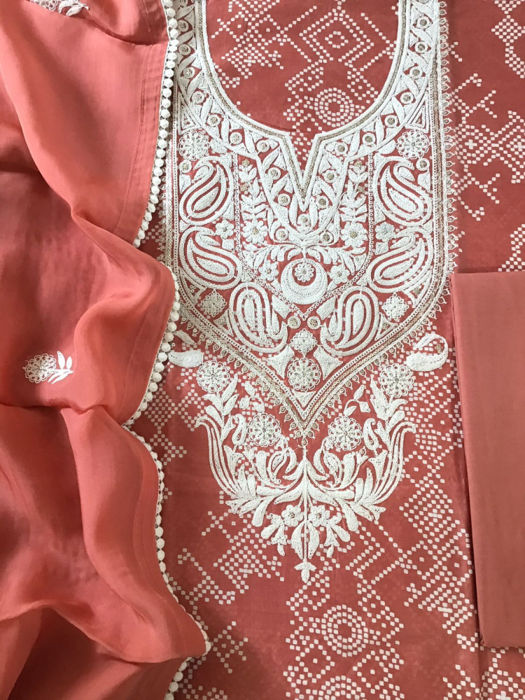 Image of Pure Chanderi Printed Embroidered Suit - Peach