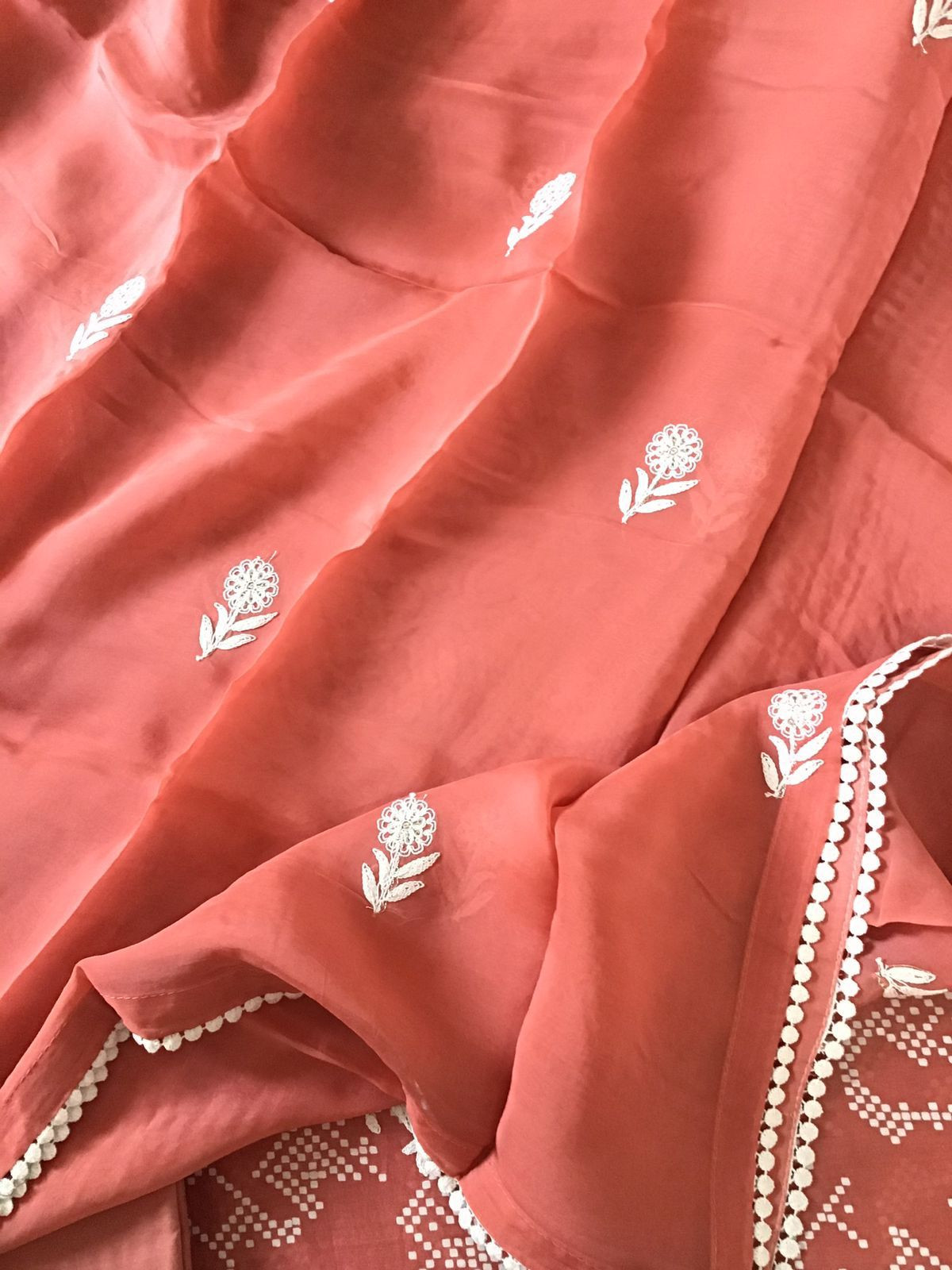 Pure Chanderi Printed Embroidered Suit - Peach