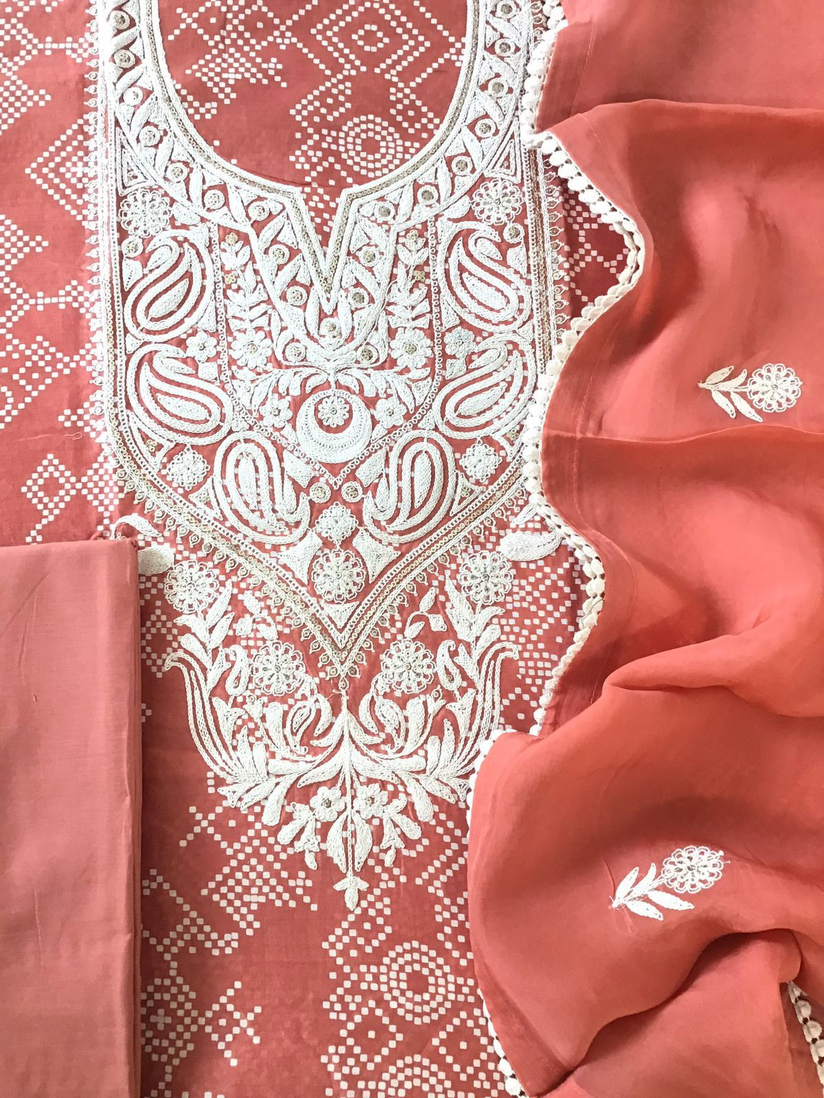 Pure Chanderi Printed Embroidered Suit - Peach