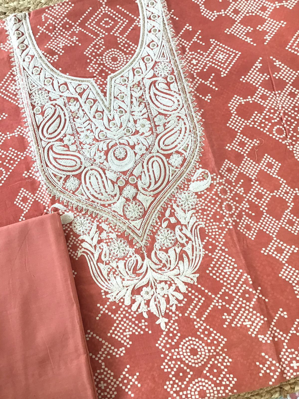 Pure Chanderi Printed Embroidered Suit - Peach