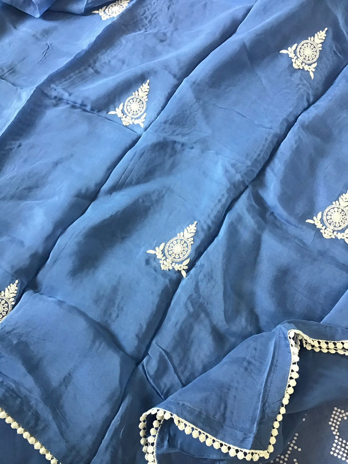 Pure Chanderi Printed Embroidered Suit - Blue