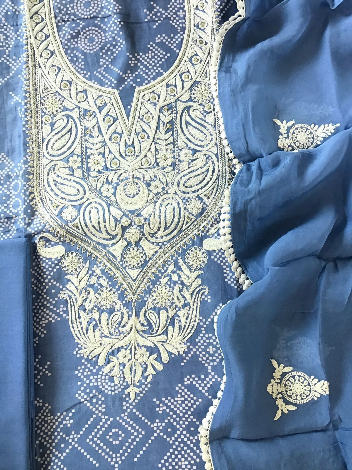 Pure Chanderi Printed Embroidered Suit - Blue