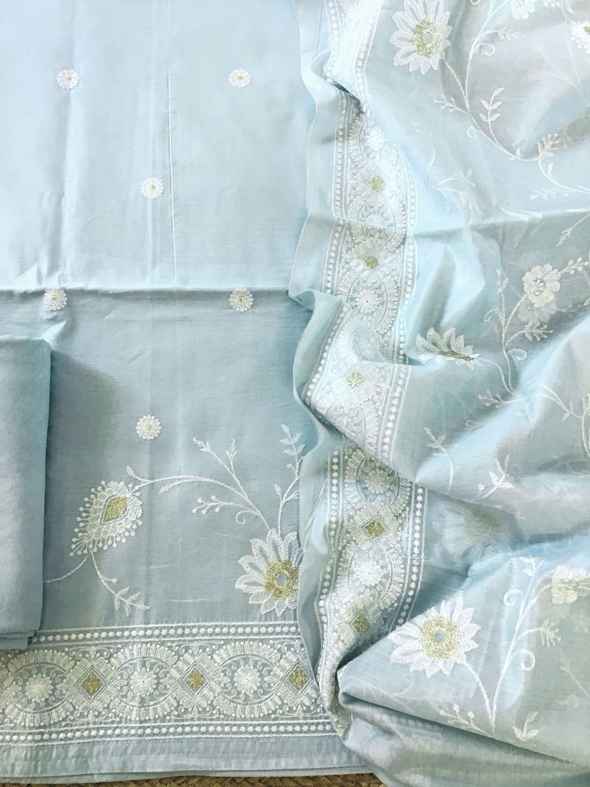 Soft Chanderi Embroidered Suit - Grey