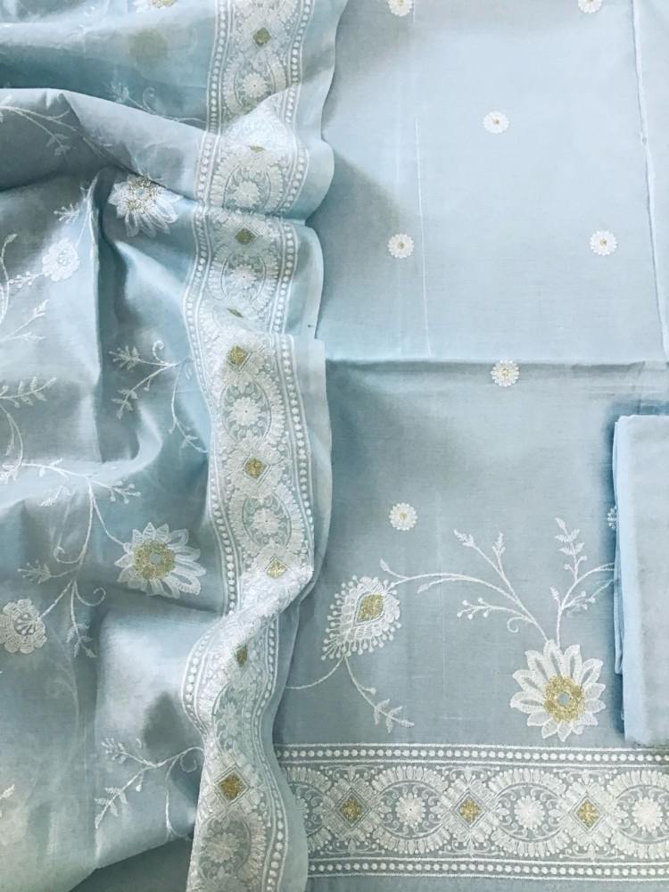 Image of Soft Chanderi Embroidered Suit - Grey