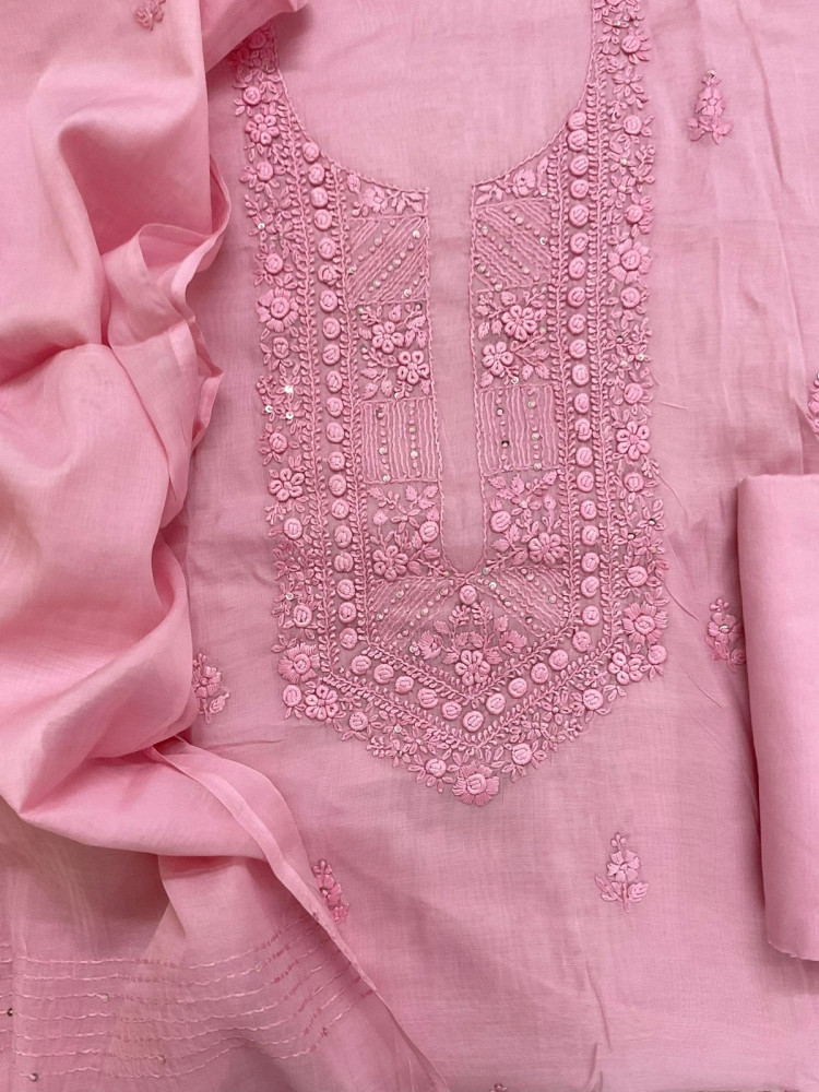 Image of Soft Chanderi Embroidered Suit - Pink