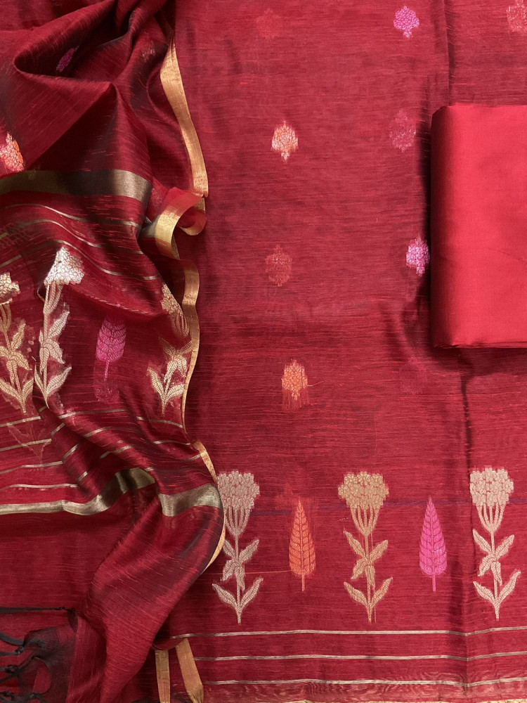 Image of Soft Semi Raw Silk Banarasi Weqved Suit - Maroon