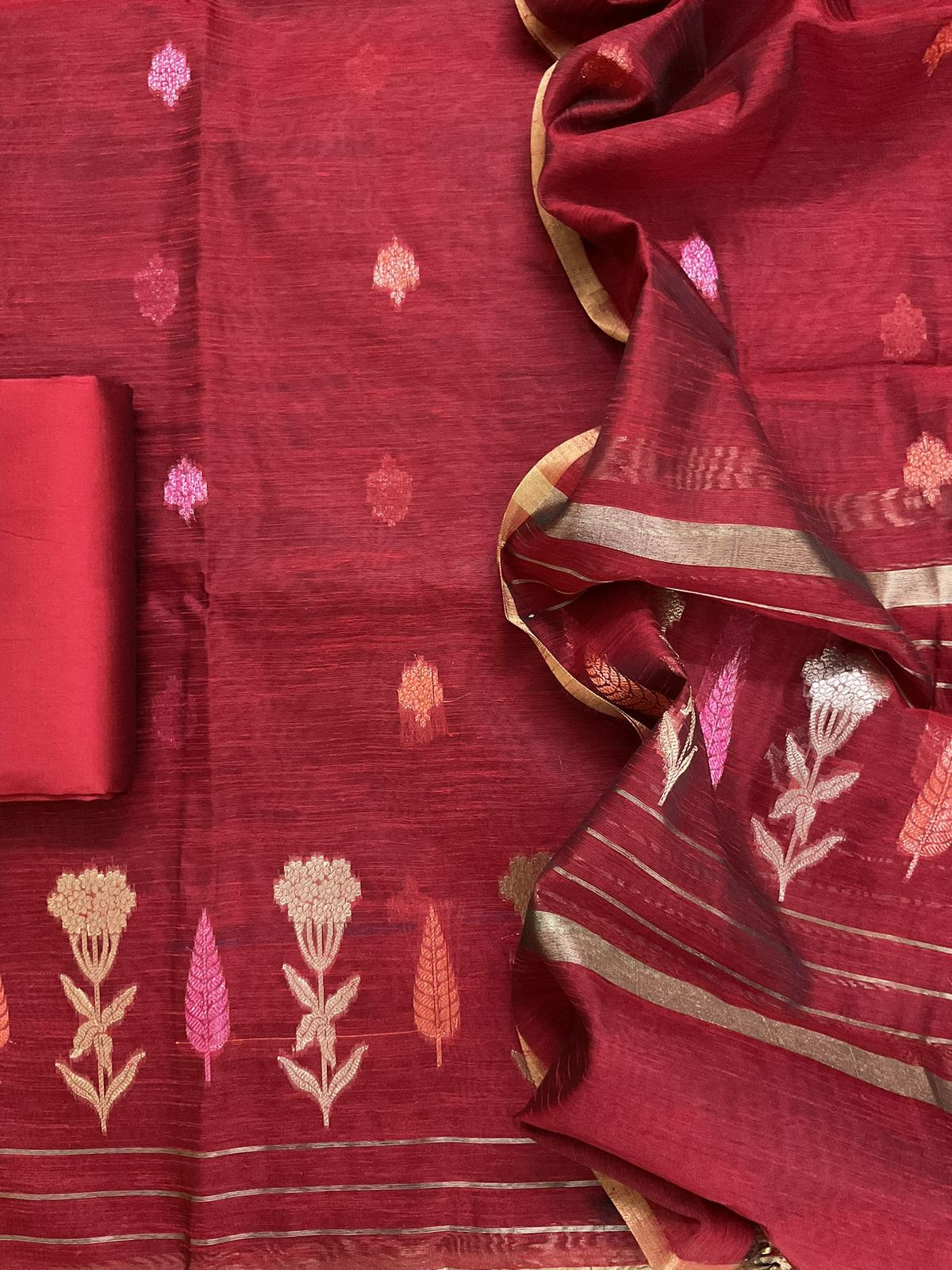 Soft Semi Raw Silk Banarasi Weqved Suit - Maroon