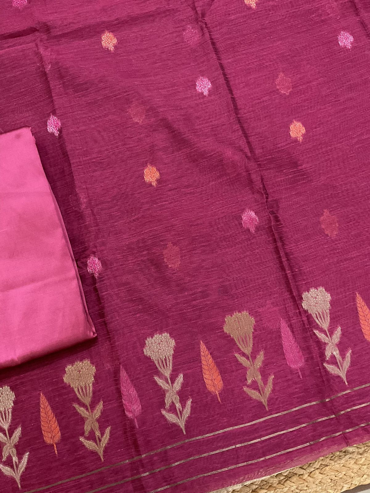 Soft Semi Raw Silk Banarasi Weaved Suit - Pink