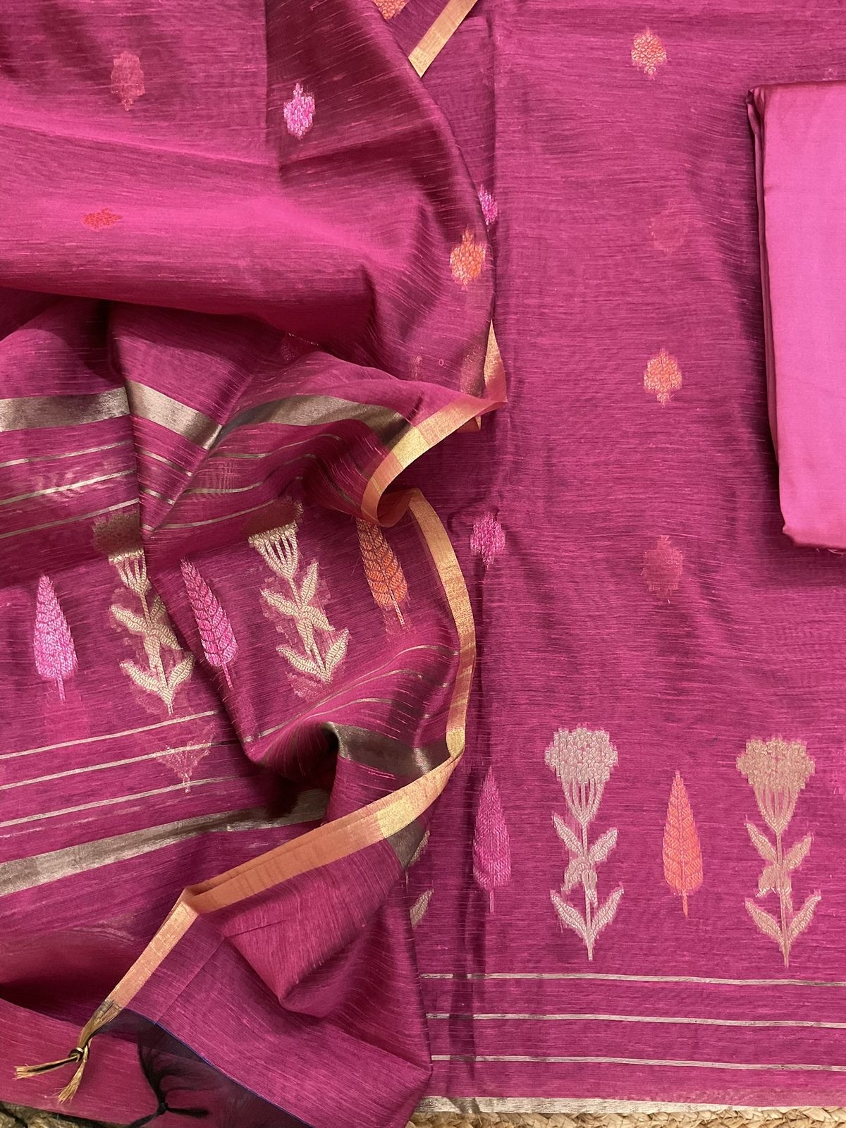 Soft Semi Raw Silk Banarasi Weaved Suit - Pink