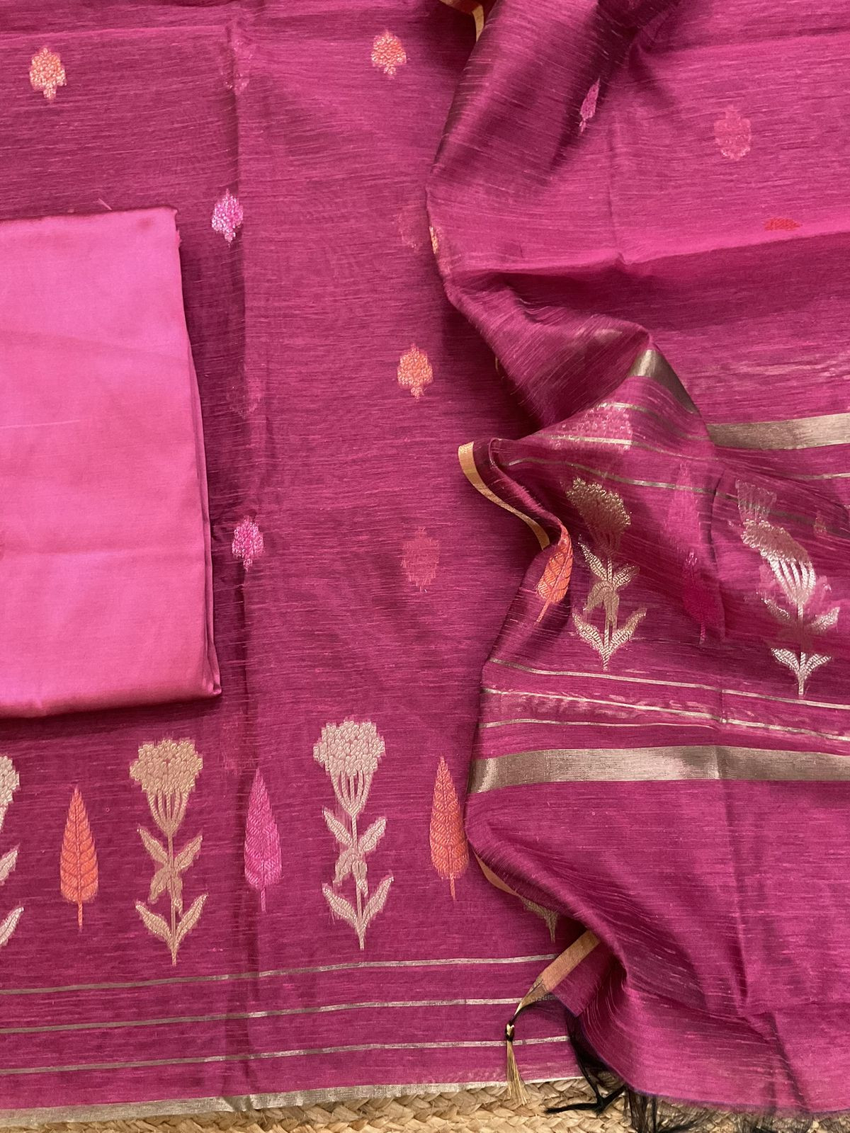 Soft Semi Raw Silk Banarasi Weaved Suit - Pink