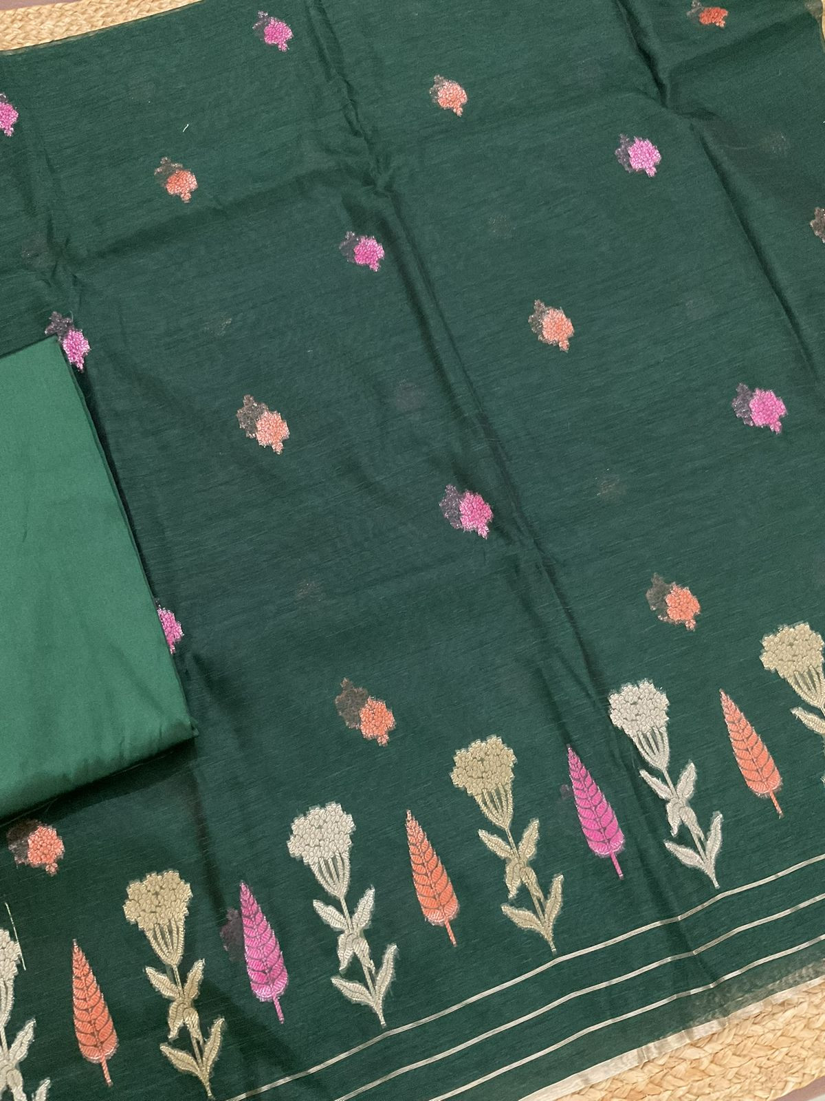 Soft Semi Raw Silk Banarasi Weaved Suit - Green