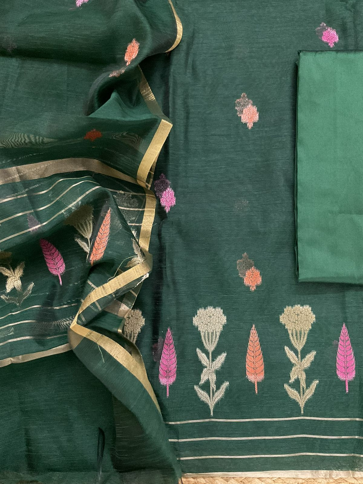 Soft Semi Raw Silk Banarasi Weaved Suit - Green