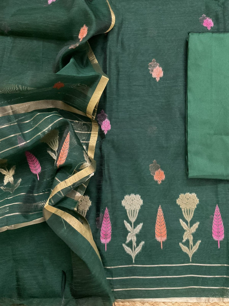 Image of Soft Semi Raw Silk Banarasi Weaved Suit - Green