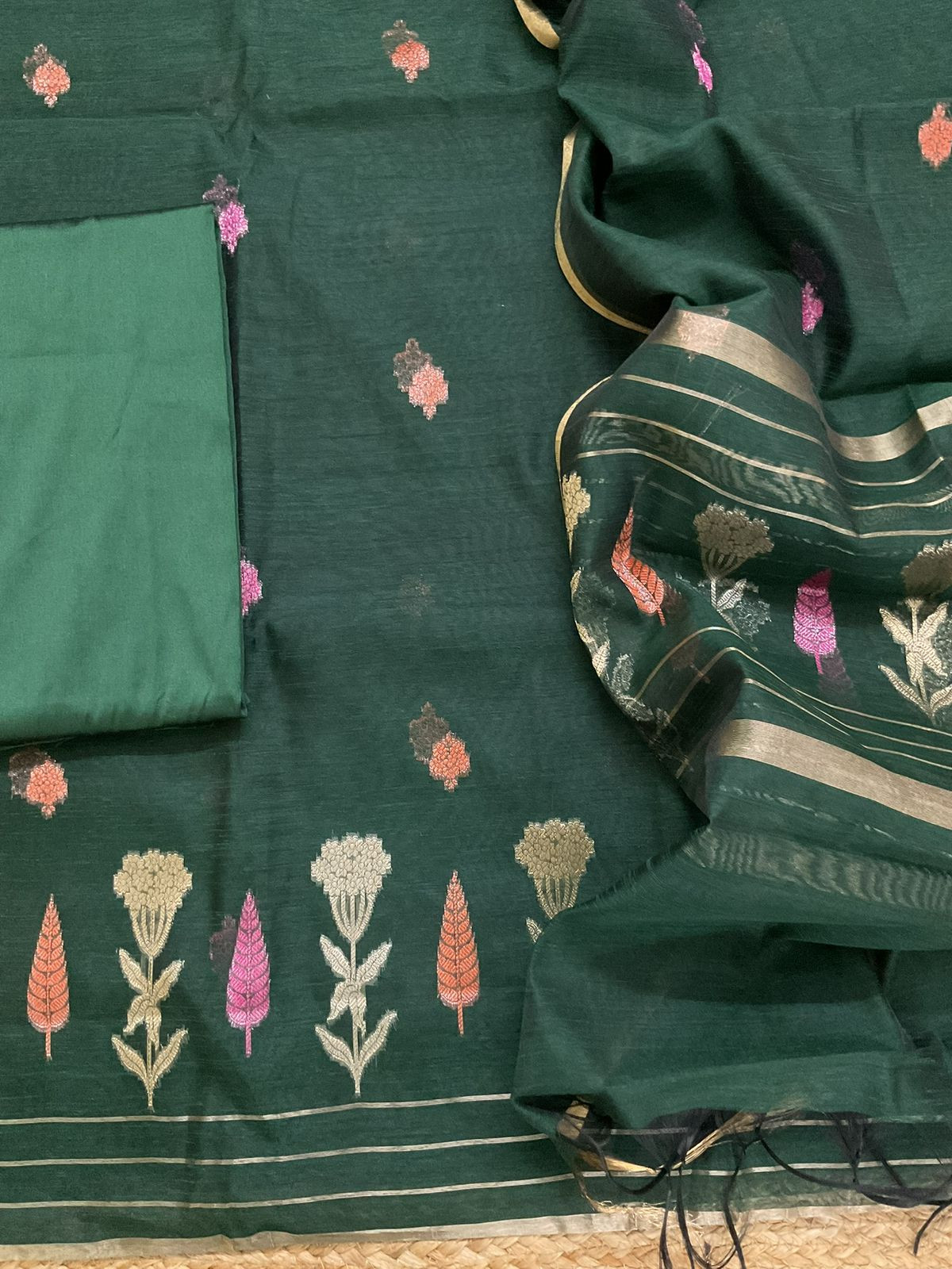 Soft Semi Raw Silk Banarasi Weaved Suit - Green