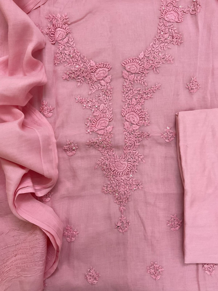 Image of Soft Chanderi Embroidered Suit - Pink