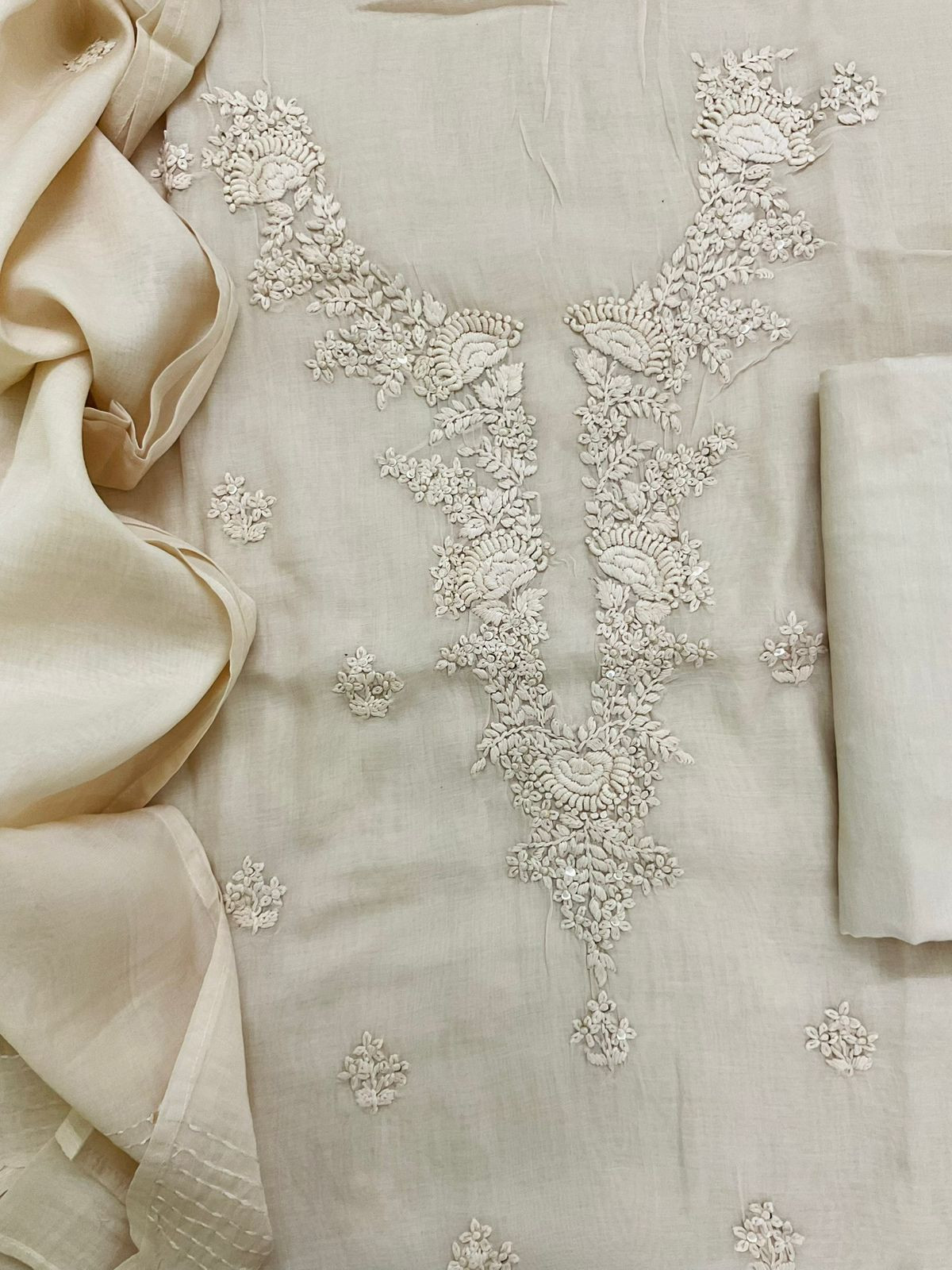 Soft Chanderi Embroidered Suit - Cream