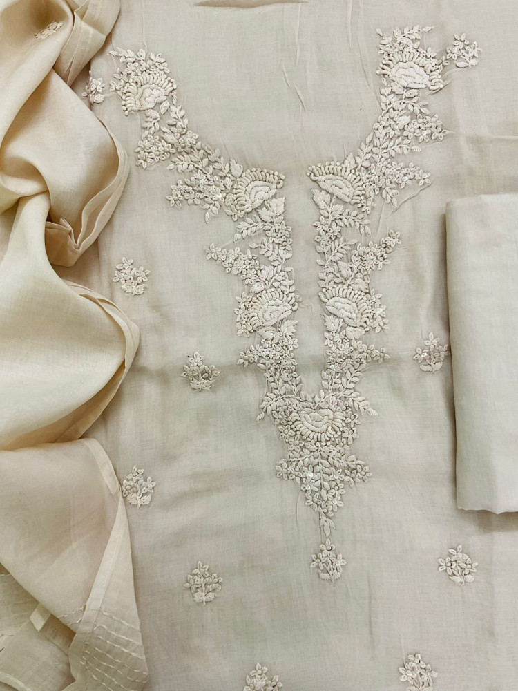 Image of Soft Chanderi Embroidered Suit - Cream