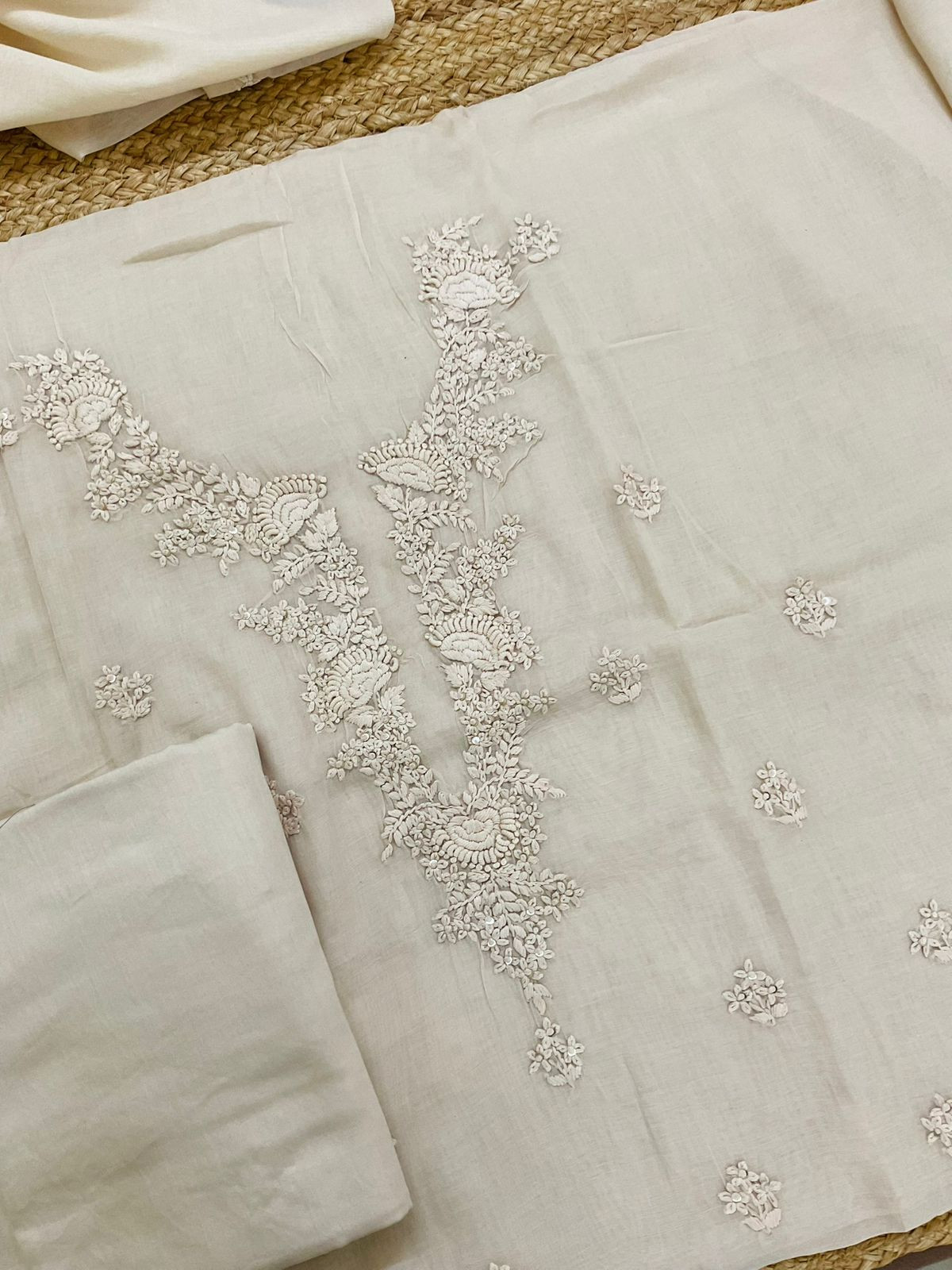Soft Chanderi Embroidered Suit - Cream