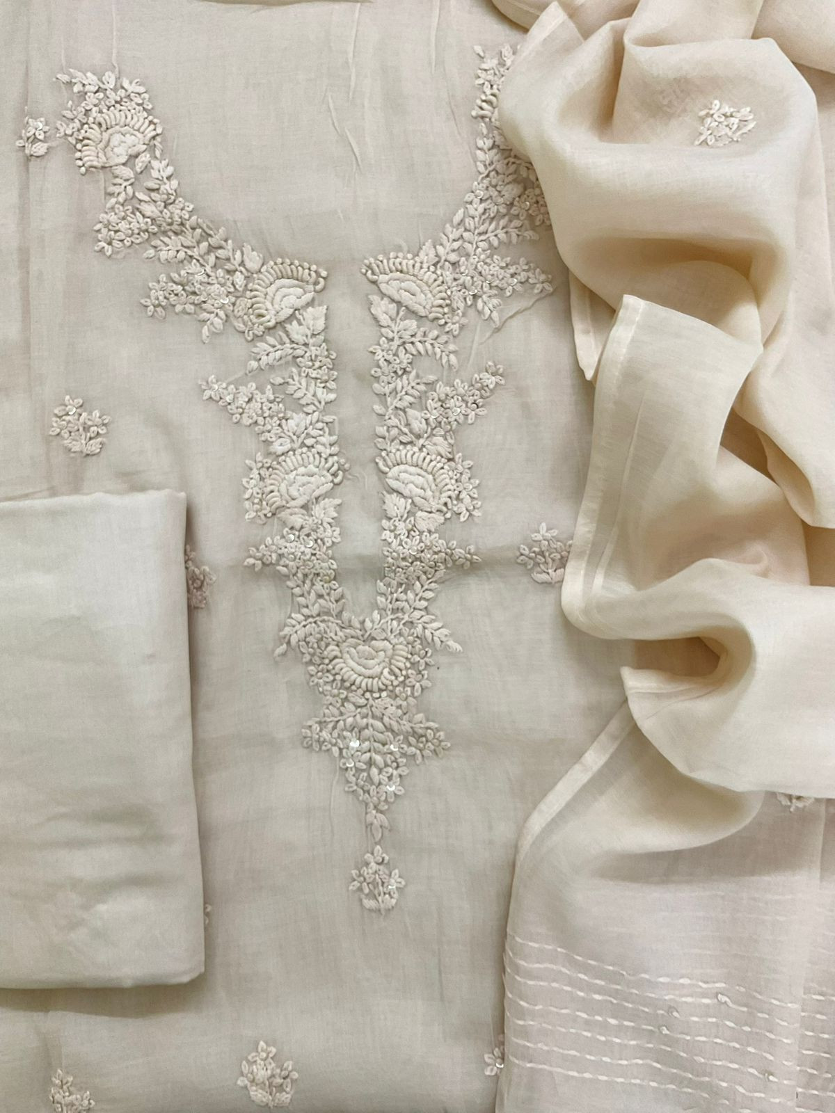 Soft Chanderi Embroidered Suit - Cream