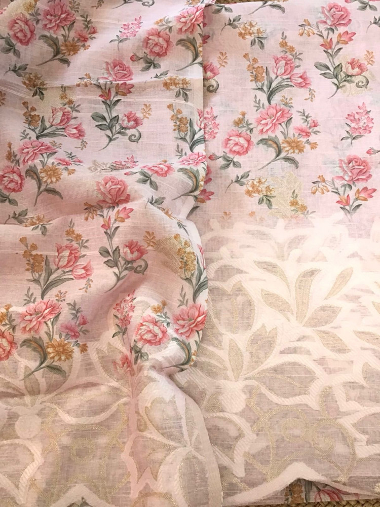 Image of Soft Linen Jute Cotton Printed Jamdani Weaved Suit - Pink