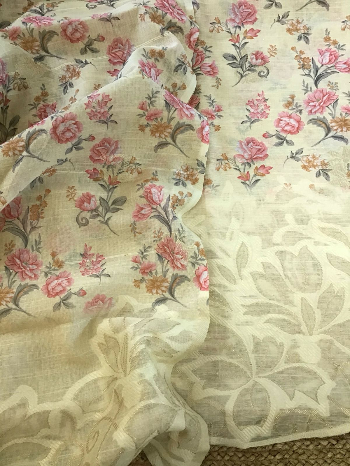 Soft Linen Jute Cotton Printed Jamdani Weaved Suit - Yellow