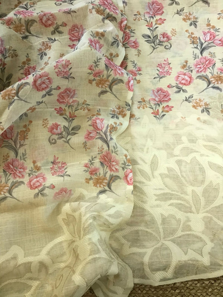 Image of Soft Linen Jute Cotton Printed Jamdani Weaved Suit - Yellow