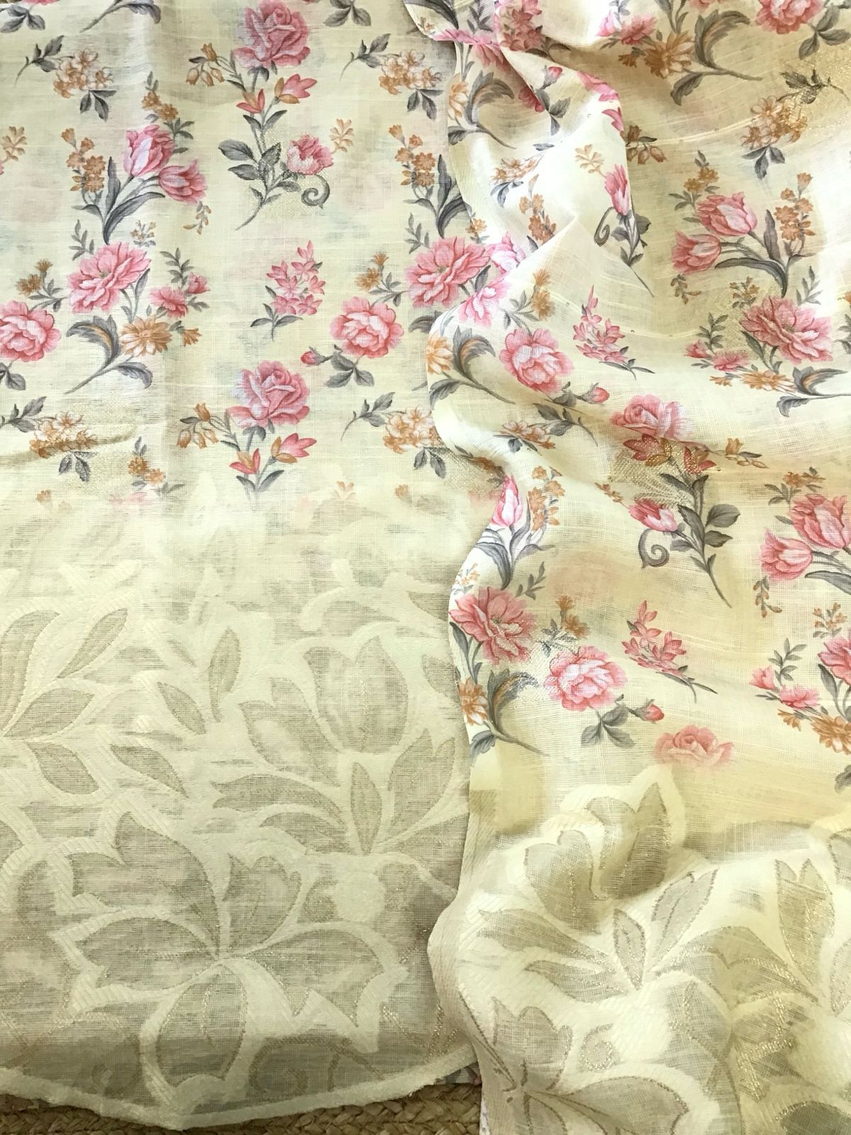 Soft Linen Jute Cotton Printed Jamdani Weaved Suit - Yellow