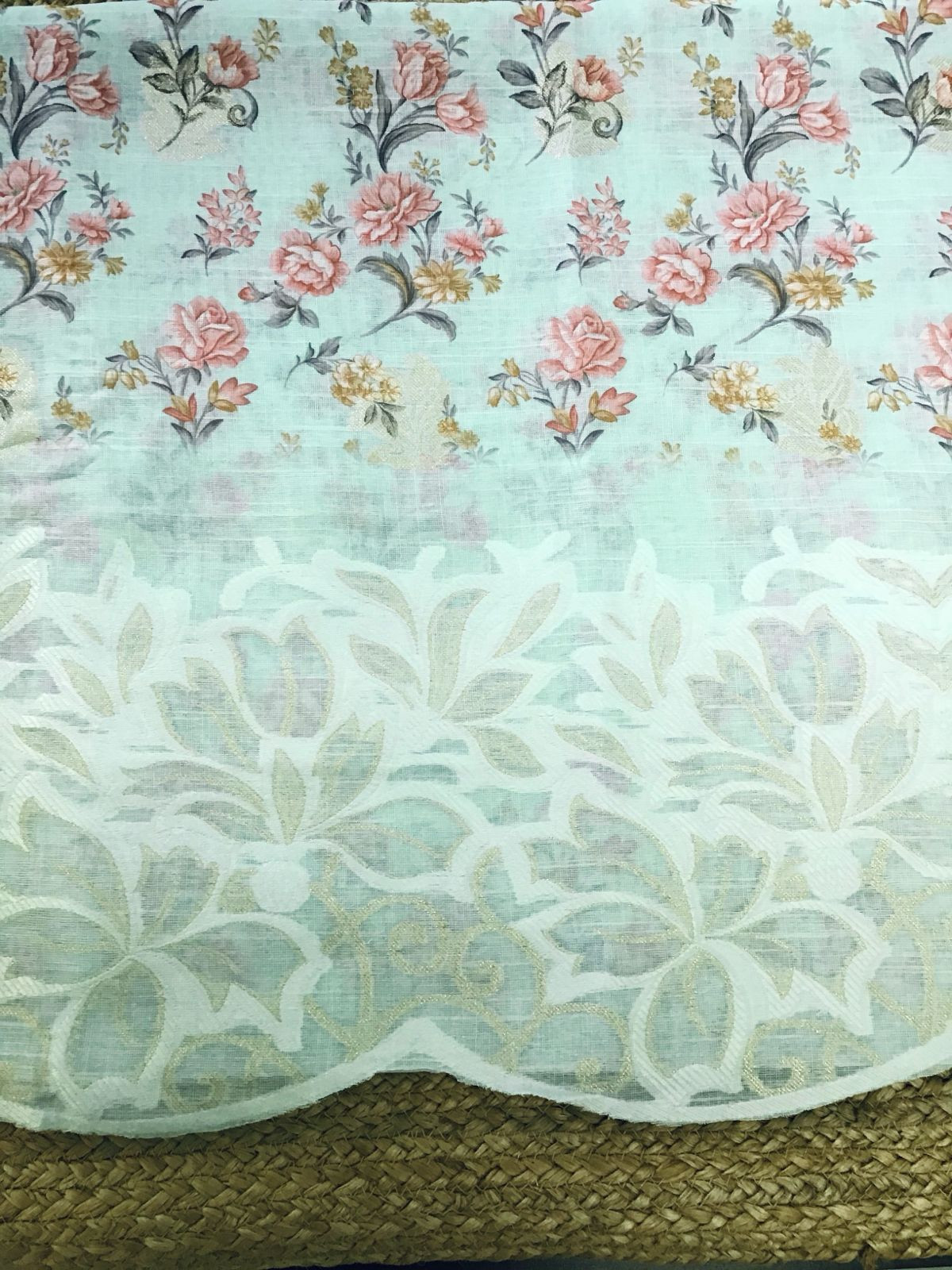 Soft Linen Jute Cotton Printed Jamdani Weaved Suit - Sea Green