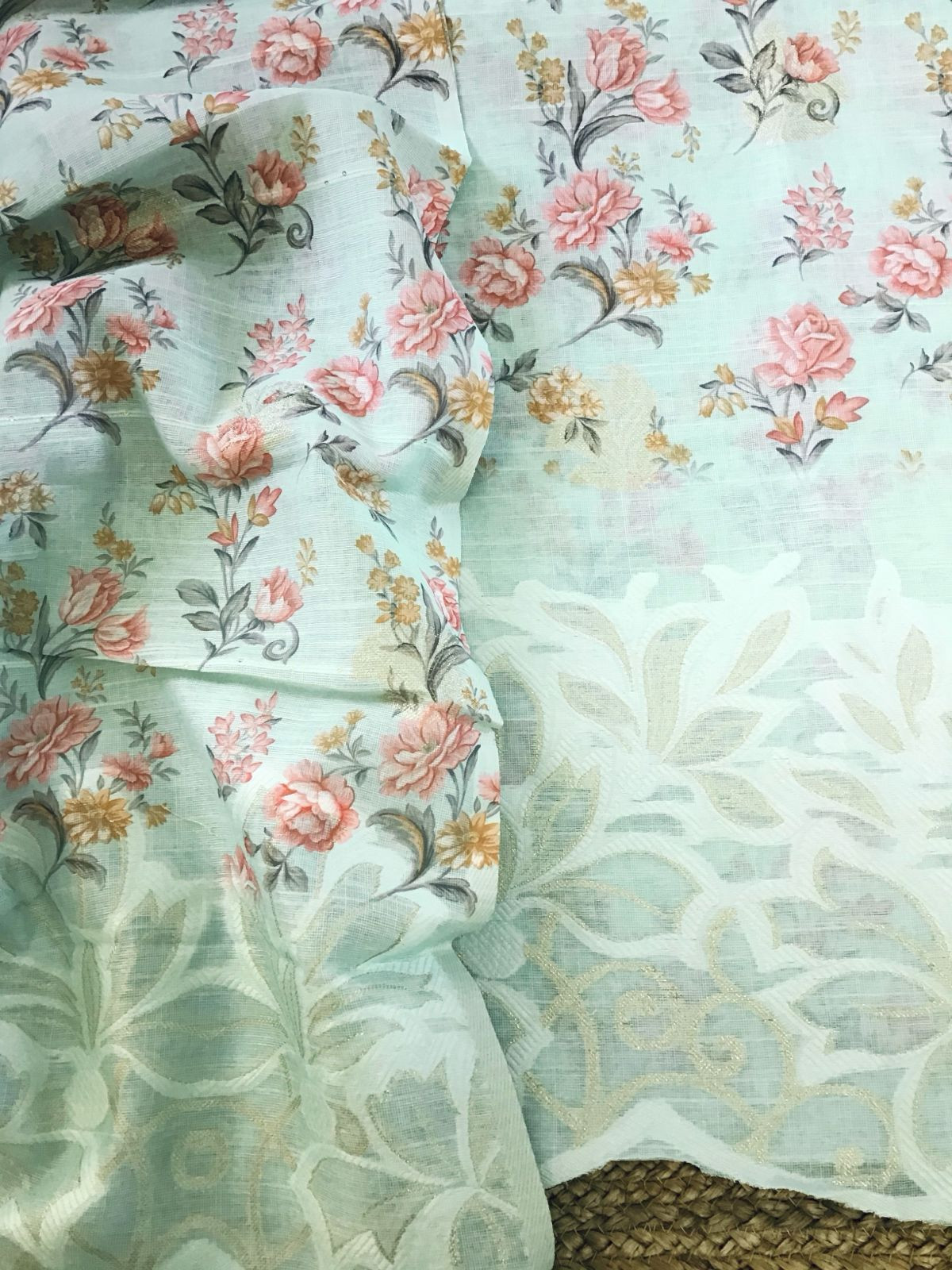 Soft Linen Jute Cotton Printed Jamdani Weaved Suit - Sea Green