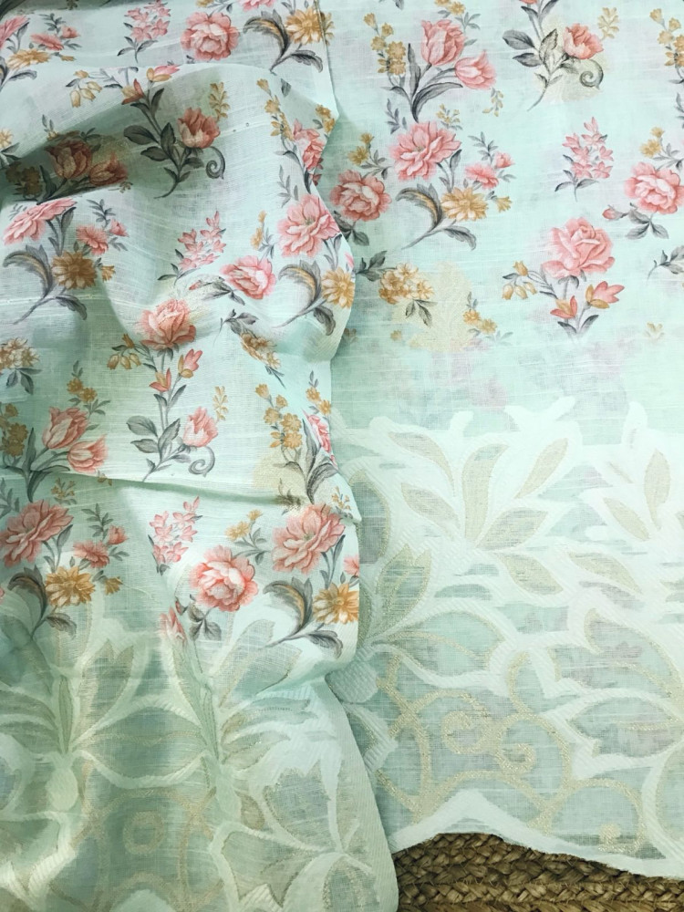 Image of Soft Linen Jute Cotton Printed Jamdani Weaved Suit - Sea Green