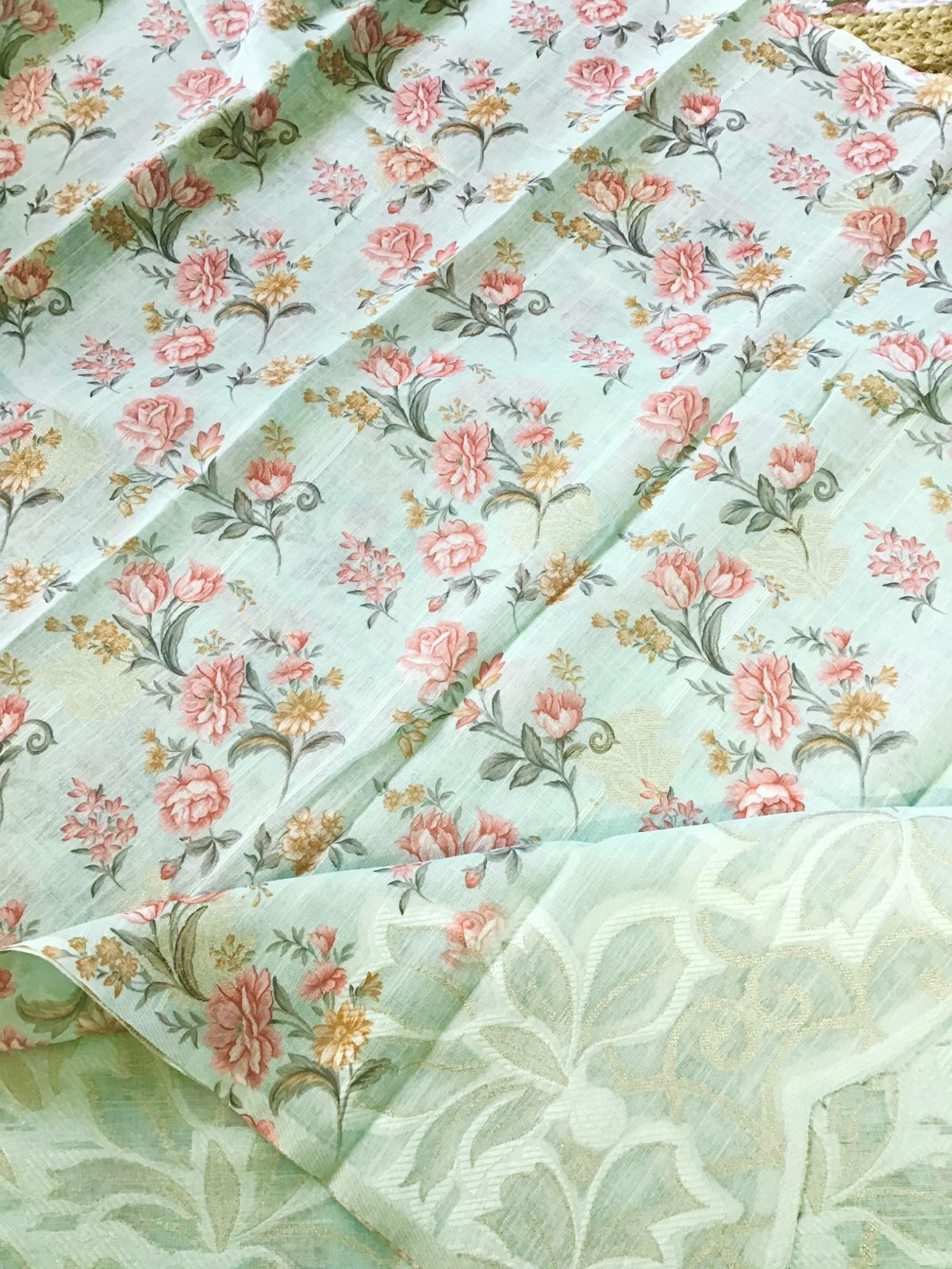 Soft Linen Jute Cotton Printed Jamdani Weaved Suit - Sea Green