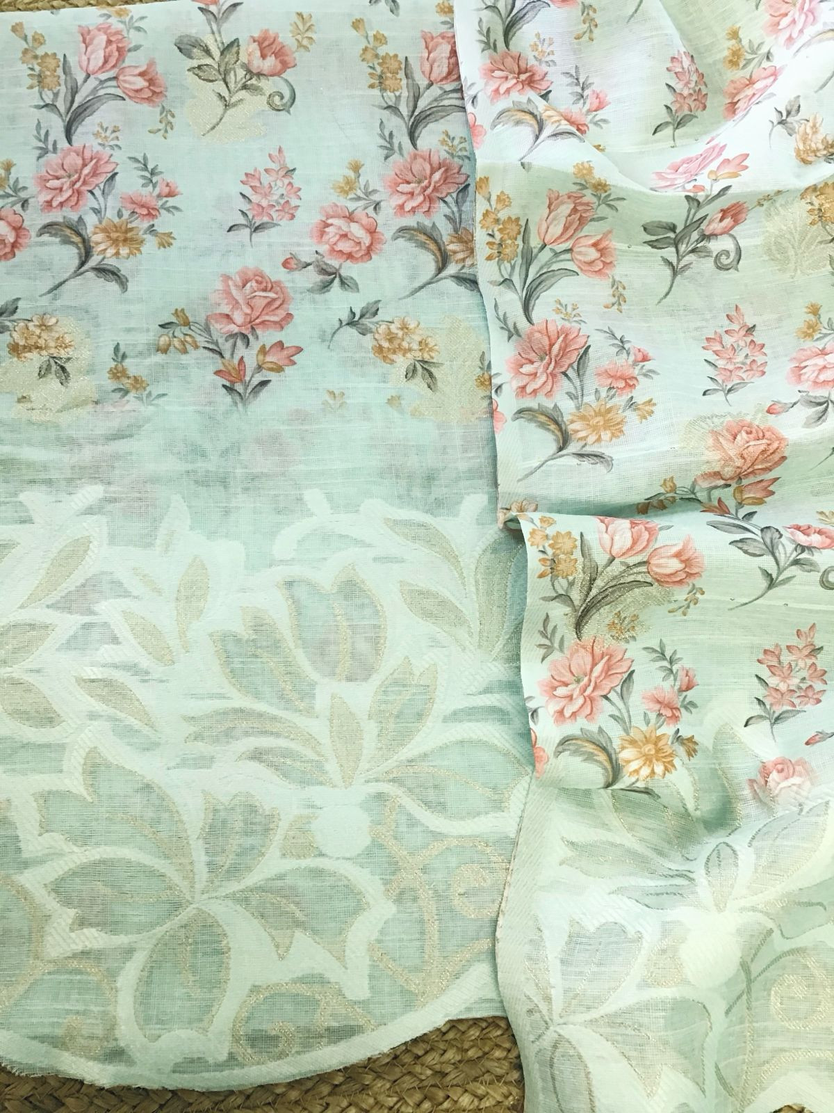 Soft Linen Jute Cotton Printed Jamdani Weaved Suit - Sea Green