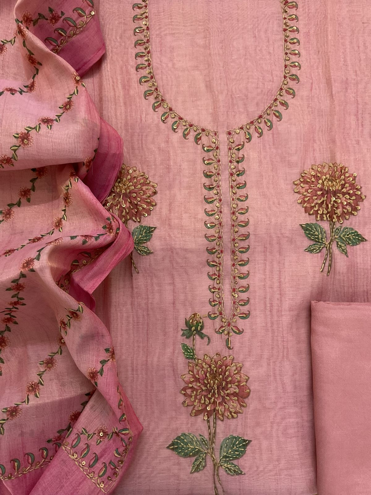 Soft Tissue Slub Cotton Printed Embroidered Suit - Pink