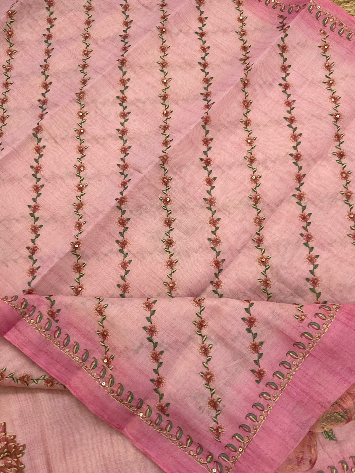 Soft Tissue Slub Cotton Printed Embroidered Suit - Pink