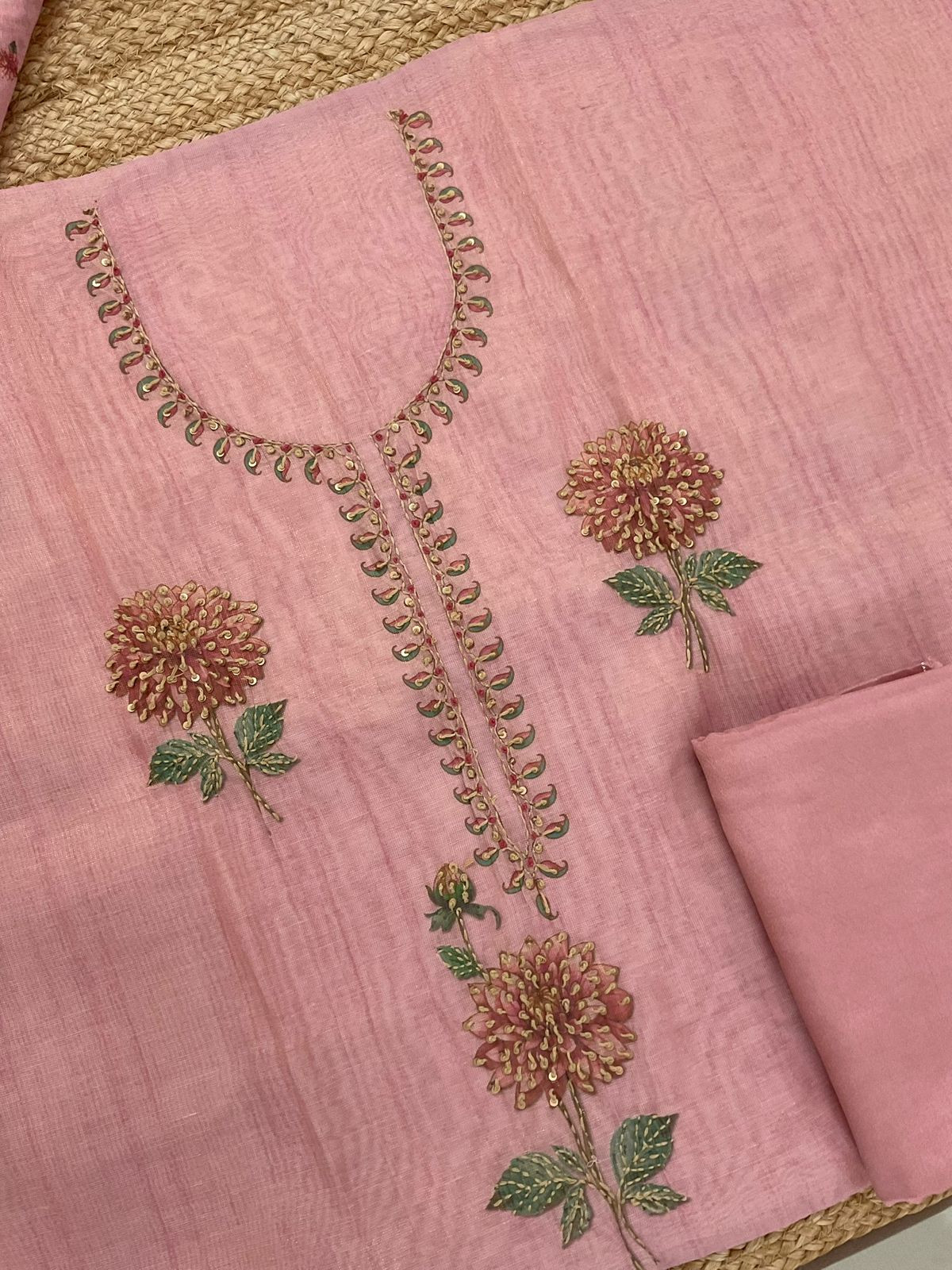 Soft Tissue Slub Cotton Printed Embroidered Suit - Pink