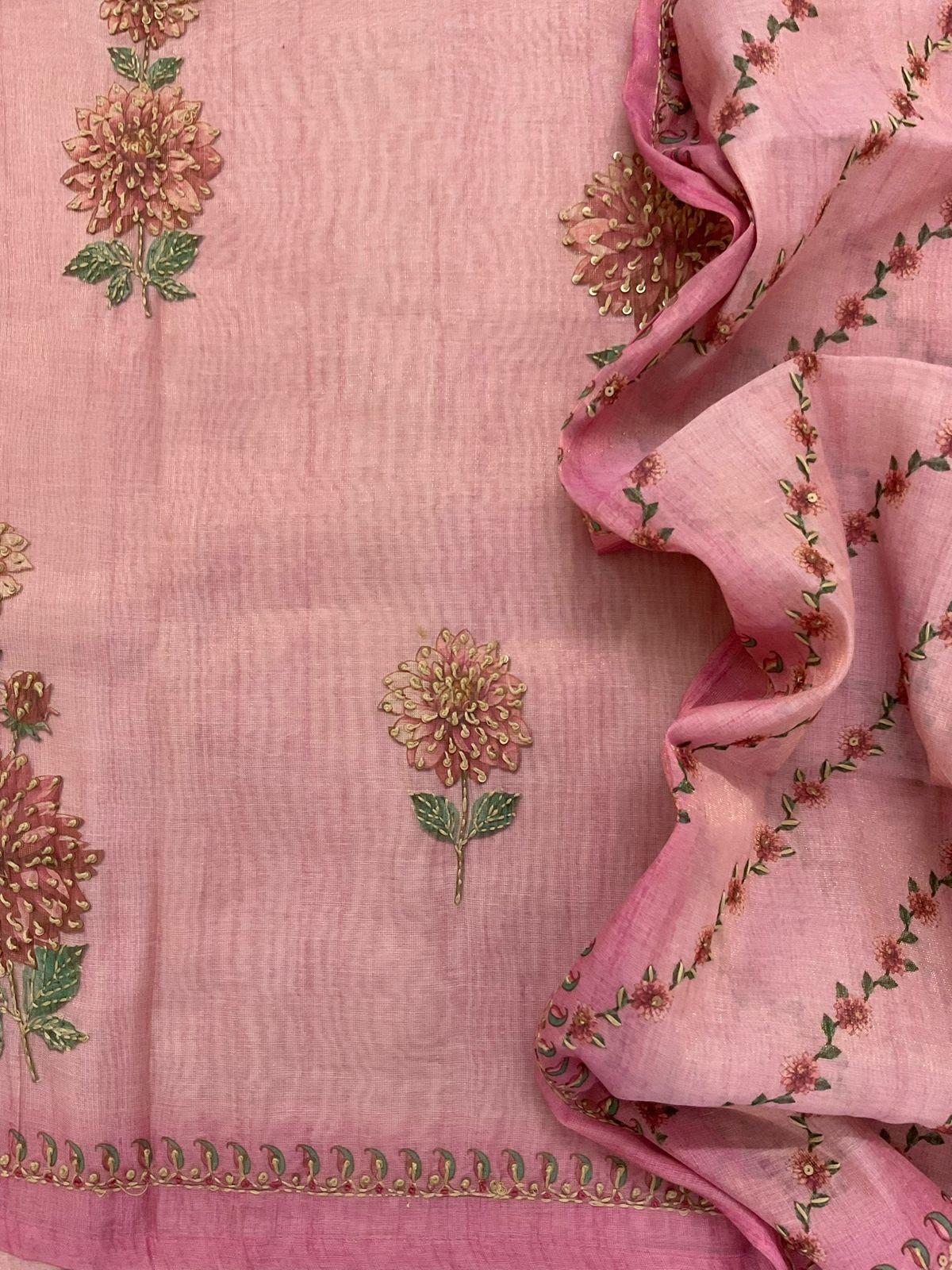 Soft Tissue Slub Cotton Printed Embroidered Suit - Pink