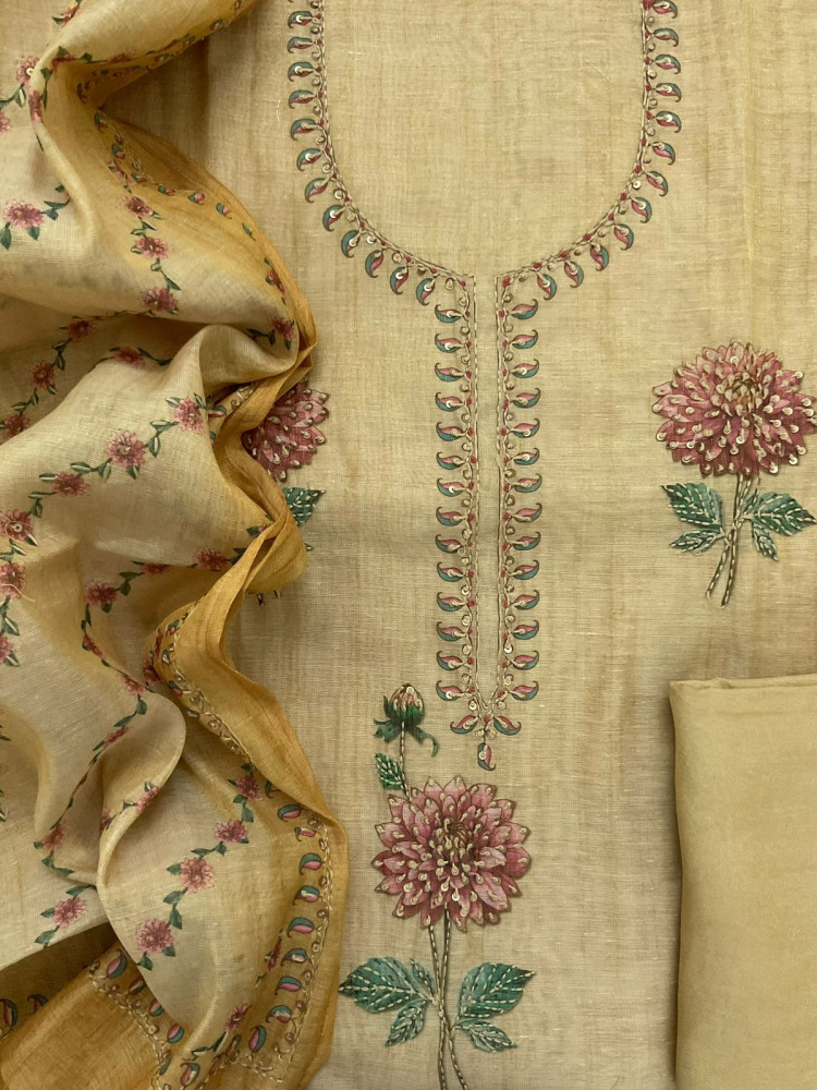 Image of Soft Tissue Slub Cotton Printed Embroidered Suit - Yellow