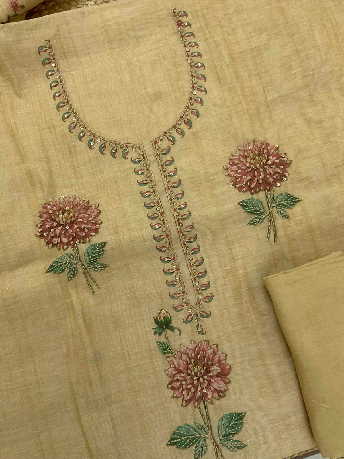 Soft Tissue Slub Cotton Printed Embroidered Suit - Yellow