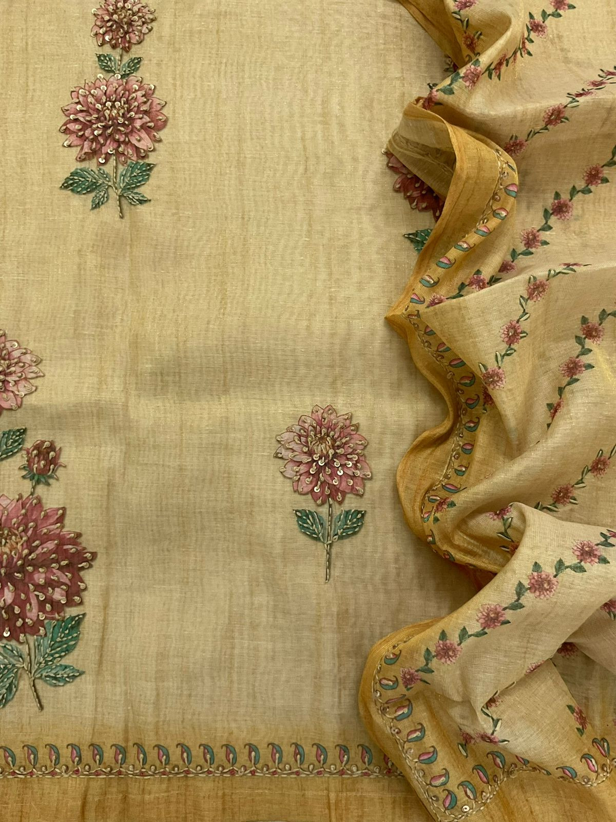 Soft Tissue Slub Cotton Printed Embroidered Suit - Yellow