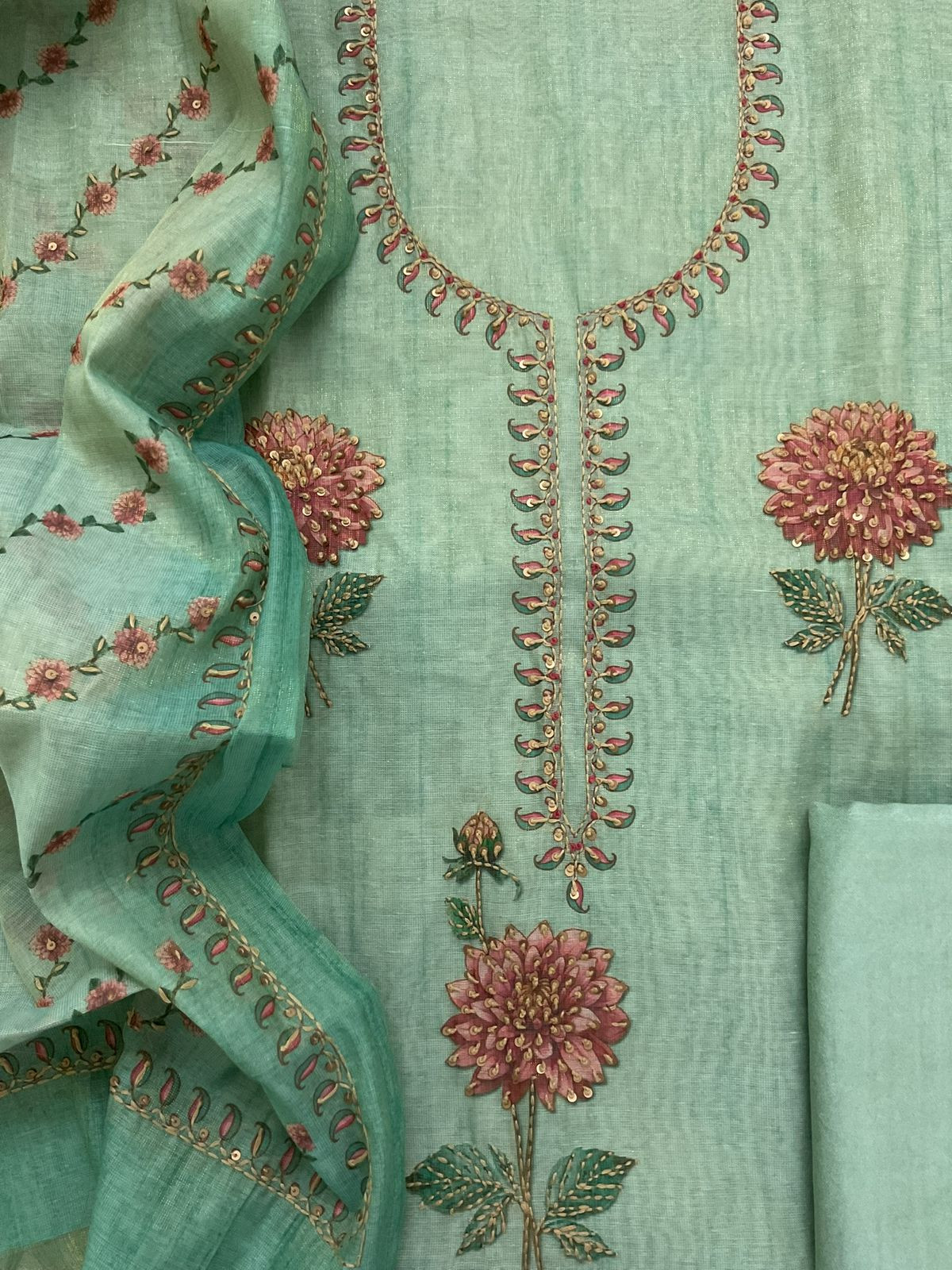 Soft Tissue Slub Cotton Printed Embroidered Suit - Green